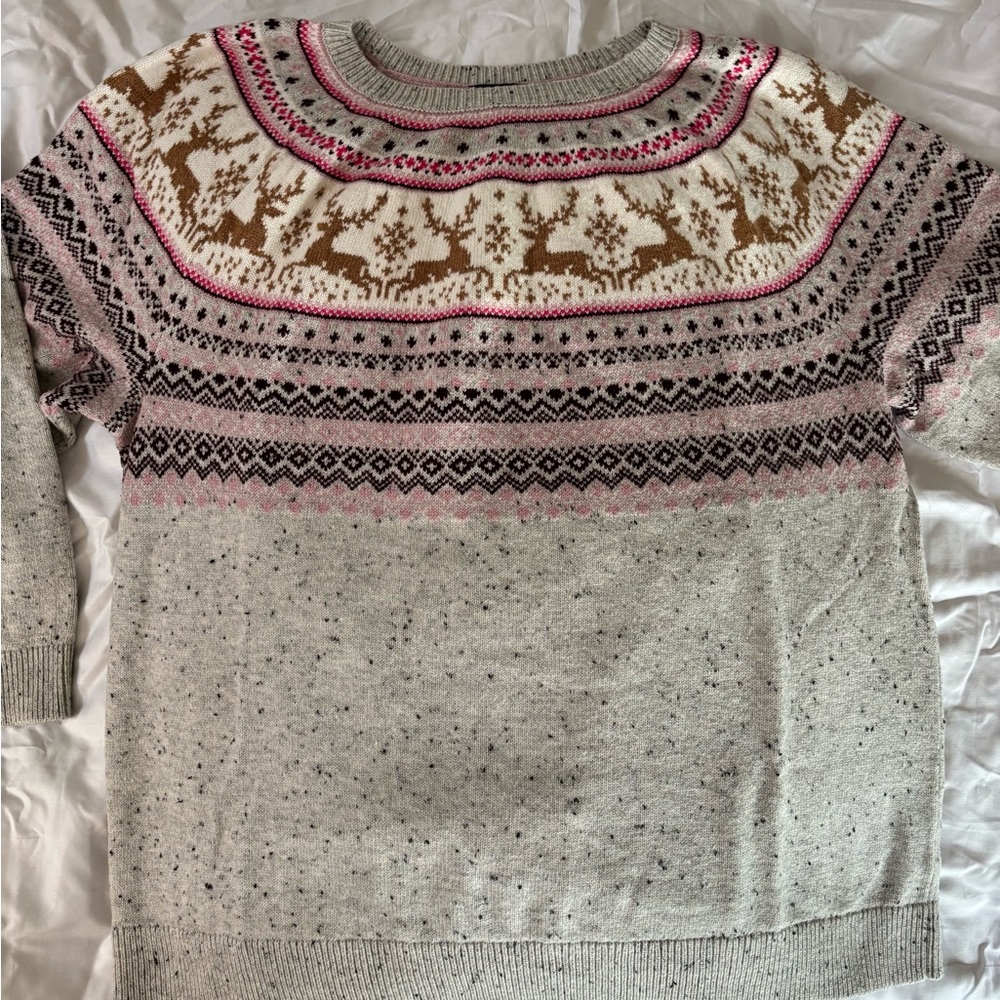 Talbots Women's Sweater with Reindeer Pattern - Pink, Brown, and Gray
